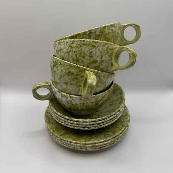 12 pc Melamine Tea Cup, Saucer and Bowl Set Confetti/Camouflage green and white. - Picture 1 of 8
